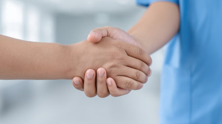 A close-up view of two hands engaging in a handshake, symbolizing trust and cooperation in a softly lit environment. This image captures the essence of connection and partnership.の素材