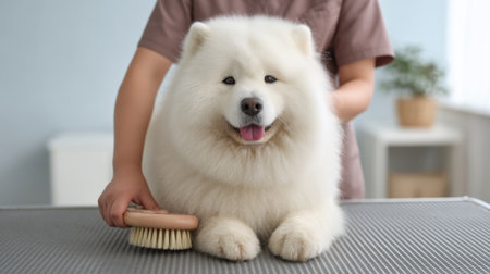 A groomer gently brushes a fluffy white Samoyed dog in a vibrant grooming salon, highlighting the joyful bond between the pet and caretaker during grooming time.の素材