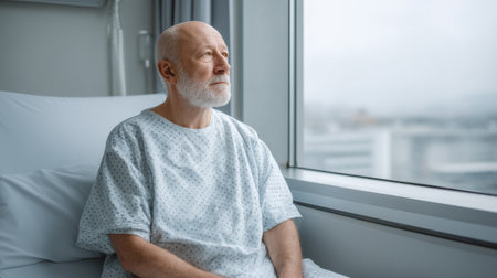 An elderly man in a hospital gown sits by the window, staring out at the cloudy sky. His expression reflects deep thoughts about life, health, and personal challenges.の素材