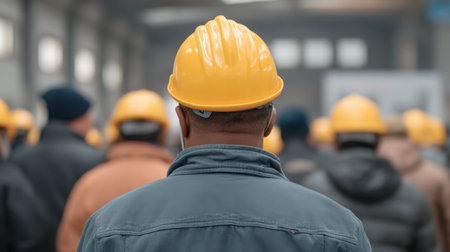 A group of construction workers wearing yellow safety helmets listens attentively to a presentation in an industrial setting, emphasizing teamwork and safety.の素材