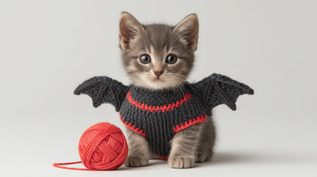 A charming grey kitten dons a cozy knitted sweater with bat wings next to a vibrant red yarn ball, showcasing an adorable and playful pet moment perfect for Halloween.の素材