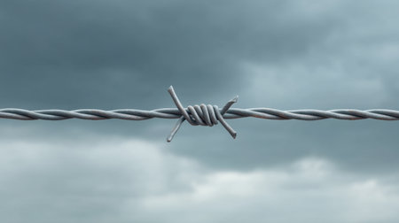 Close-up of twisted barbed wire against a dramatic, cloudy sky. This image conveys themes of boundaries, restrictions, and resilience in both nature and industry.の素材