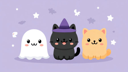 This adorable cartoon illustration features a cute ghost, a black cat wearing a witch hat, and a cheerful orange cat against a purple background, perfect for Halloween.の素材