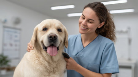 A veterinarian is happily grooming a golden Labrador in a modern clinic, showcasing the bond between pets and their caregivers in a cheerful and caring environment.の素材