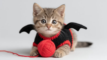 Cute kitten in a black and red sweater with bat wings sits beside a yarn ball, evoking playful vibes perfect for festive photography or Halloween themes.の素材