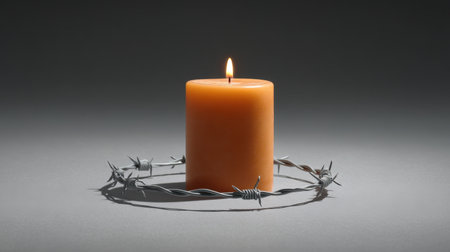 A striking image of a single orange candle encircled by barbed wire, symbolizing hope amidst struggle. The warm flame contrasts dramatically with its harsh surroundings.の素材