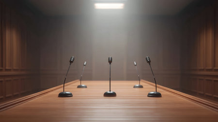 A dramatic scene featuring an empty conference room with a sleek wooden table and multiple microphones, creating a perfect setting for business discussions.の素材