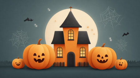 A whimsical Halloween scene featuring playful pumpkins, a charming haunted house, and spooky bats set against a glowing moon, perfect for festive autumn decorations.の素材