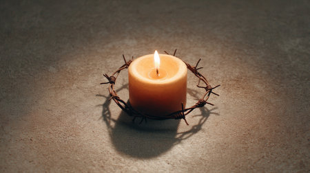 A warm candle flame sits within a circle of barbed wire, creating a striking contrast between light and dark. This image evokes themes of hope and resilience.の素材