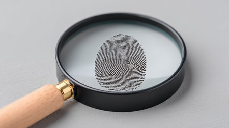 A close-up image of a magnifying glass featuring a wooden handle, positioned over a detailed fingerprint on a grey surface, ideal for forensic or investigative themes.の素材