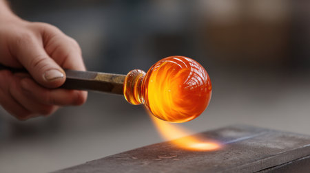 A talented artisan skillfully shapes a glowing orange glass sphere using traditional glassblowing techniques, showcasing the beauty of handmade artistry in action.の素材