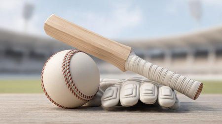A close-up view of classic baseball equipment, featuring a wooden bat, a ball, and a glove on a wooden table, with a soft-focused stadium background. Ideal for sports themes.の素材