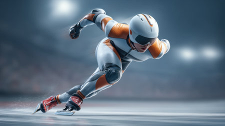 A speed skater accelerates on the ice, embodying intense focus and athletic prowess. The dynamic motion captures the essence of competitive spirit in winter sports.の素材