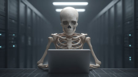 A striking image of a skeleton seated at a laptop in a dark server room, symbolizing the blend of life and technology. The scene evokes contemplation and curiosity about modern digital life.の素材