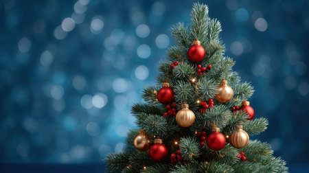 A charming Christmas tree adorned with red and gold ornaments stands against a beautiful shimmering blue background, creating a perfect holiday atmosphere.の素材
