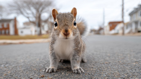 A curious gray squirrel is captured in vivid detail as it approaches the camera in a suburban setting. The image reveals the playful and inquisitive nature of this small mammal.の素材