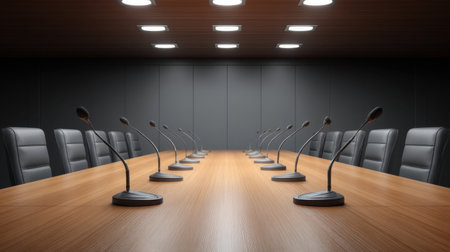 Sleek modern conference room featuring a long wooden table and comfortable chairs, ideal for business meetings or corporate gatherings in a professional setting.の素材
