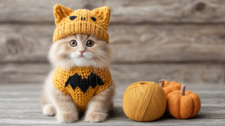 A charming fluffy kitten dons a knitted pumpkin hat and a bat-themed sweater while sitting beside yarn and decorative pumpkins. Perfect for fall themes!の素材
