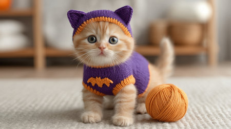 A charming orange kitten in a purple bat costume captures hearts as it plays with an orange yarn ball in a cozy indoor setting, full of joy and innocence.の素材