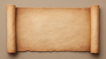 An empty antique scroll on a soft brown background, featuring torn edges and aged texture. Ideal for creative projects, backgrounds, and historical themes.の素材