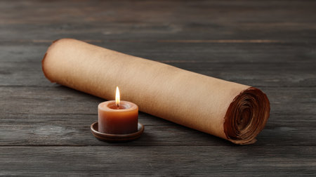 A rolled vintage brown paper lies beside a lit candle, creating a warm and inviting atmosphere. The rustic wooden table enhances the calming, artistic appeal of the scene.の素材