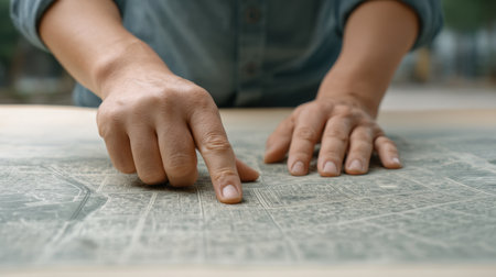 A close-up view of a person hands examining a vintage city map on a table. The image captures the details of streets and landmarks, emphasizing exploration.の素材