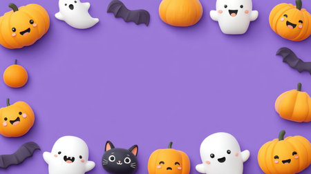 A playful arrangement of adorable Halloween characters featuring pumpkins, friendly ghosts, bats, and a black cat set against a vibrant purple background. Perfect for seasonal designs!の素材
