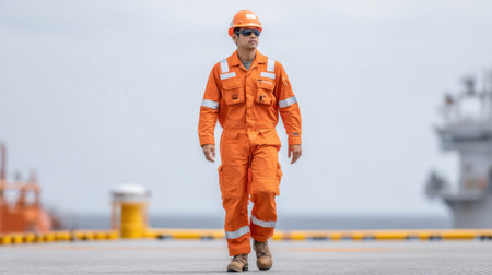 A male worker dressed in vibrant orange safety gear walks on an offshore platform, embodying professionalism and commitment to safety in the maritime industry.の素材