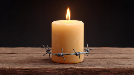 A singular candle illuminated by a gentle flame, encircled with barbed wire, resting on a wooden surface against a deep dark background, representing resilience and struggle.の素材