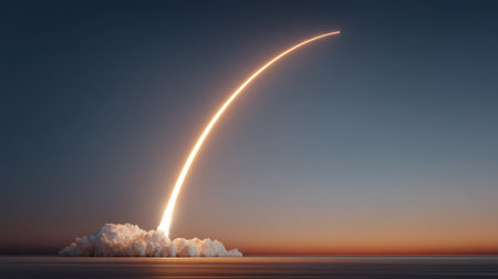 A stunning rocket launch creates a vivid display in the sky, with a bright exhaust trail highlighting the vibrant sunset over tranquil waters. An inspiring moment.の素材