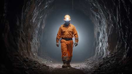 A miner dressed in safety gear walks confidently through a dimly lit underground tunnel. The headlamp casts a glow in the dark, showcasing the treacherous mining environment.の素材