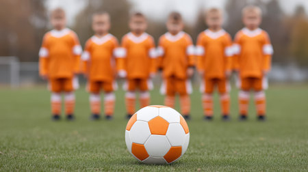 A group of young soccer players in bright orange jerseys stands behind a well-focused soccer ball on a lush green field, showcasing team spirit and athleticism.の素材