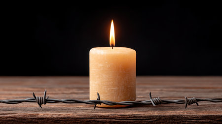 A serene candle flickers softly atop rustic wood, surrounded by barbed wire, reflecting themes of struggle and hope against a stark dark background.の素材