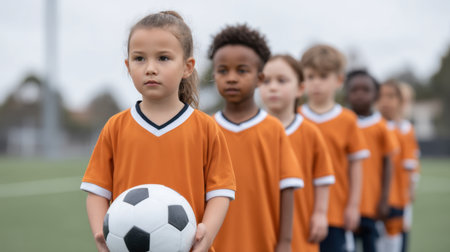 A group of young children in orange uniforms line up on a soccer field, focused on practice with one holding a soccer ball, embodying teamwork and enthusiasm in sports.の素材