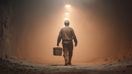 A miner walks alone in a tunnel, illuminated by soft overhead lights. The atmosphere captures the essence of underground labor and rugged exploration.の素材