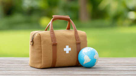 A neatly arranged medical kit with a cross symbol sits next to a globe on a wooden table, showcasing an ideal setting for travel safety and health preparedness.の素材