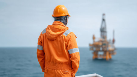 A safety-conscious worker gazes at an offshore oil rig in the serene ocean, showcasing the blend of industry and nature in energy exploration and marine operations.の素材