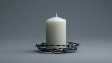 A stunning white candle rests in a circular arrangement of barbed wire, set against a soft gray background. This image captures themes of resilience, solitude, and minimalism.の素材