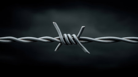 A detailed close-up of twisted barbed wire against a dark background. This image represents boundaries, protection, and the emotions associated with confinement and isolation.の素材