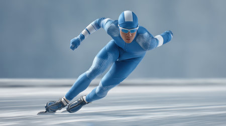 A stunning action shot of an athlete in a blue skating suit racing on ice, showcasing the speed and intensity of winter sports, emphasizing athletic performance and skill.の素材