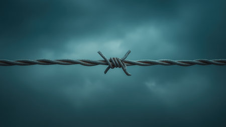 This image captures a close-up of twisted barbed wire against a dramatic cloudy sky, representing themes of restriction, barriers, and isolation in various contexts.の素材