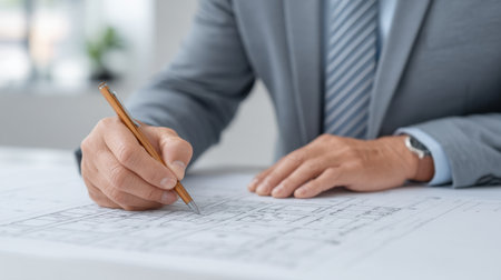 A focused architect in a gray suit meticulously reviews blueprints with a pencil on a table, embodying professionalism and creativity in design.の素材
