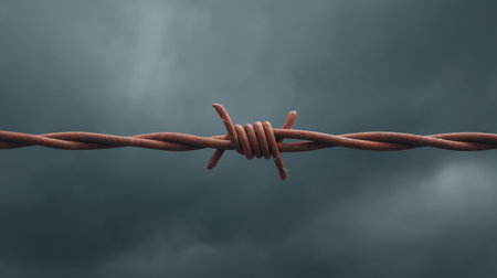 A striking image of barbed wire set against a dramatic, dark cloudy sky. The scene evokes feelings of tension and confinement, perfect for themes of isolation.の素材