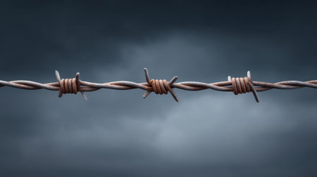This striking close-up image captures rusted barbed wire against a dramatic dark sky, evoking feelings of confinement and tension in a stark landscape.の素材