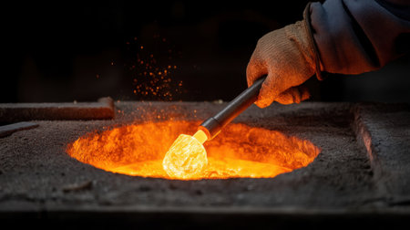A worker holds a tool above a glowing pool of molten metal in a foundry. Sparks fly in the air, highlighting the intense heat and craftsmanship involved in metal casting.の素材