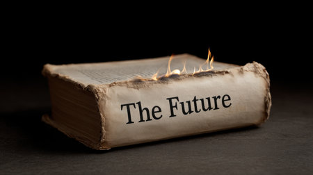 A visually striking image of a book titled "The Future" engulfed in flames, representing the transformative power of ideas and the journey of change and growth.の素材