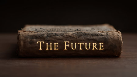 A close-up view of a weathered book cover featuring the embossed title "The Future". This image evokes themes of knowledge, creativity, and inspiration. Perfect for representing ideas about future concepts.の素材
