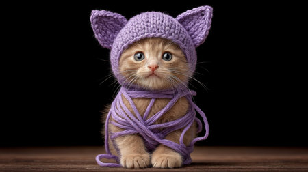 This charming kitten captures attention with its purple knitted hat and playful demeanor while tangled in colorful yarn, radiating joy and innocence.の素材