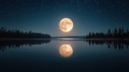 A captivating night scene featuring a full moon casting a luminous glow over a calm lake, surrounded by dark forests and dotted with stars, creates a peaceful ambiance.の素材