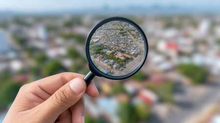 A hand holding a magnifying glass focuses on an aerial view of a vibrant urban neighborhood, showcasing houses, roads, and greenery in a detailed examination.の素材